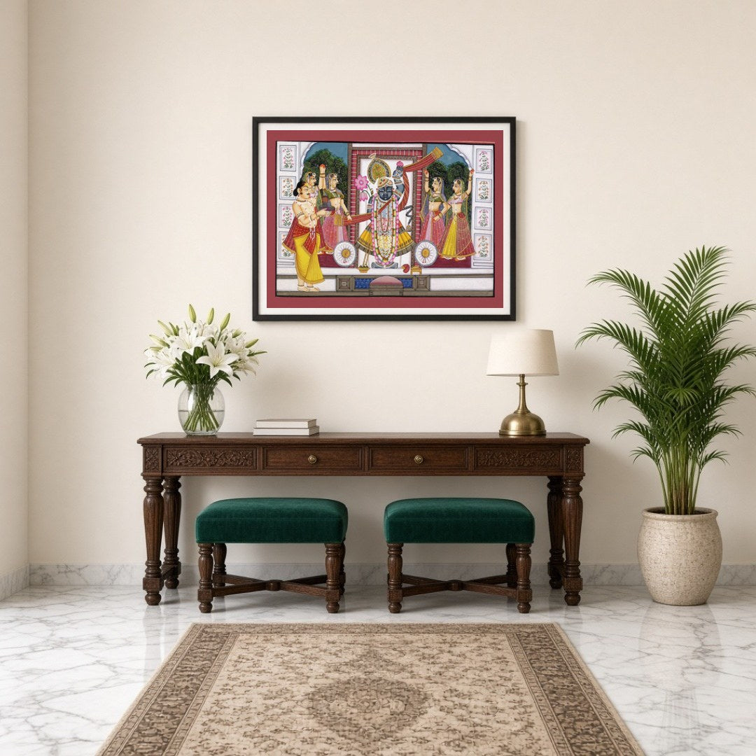 Experience the spiritual elegance of Shrinathji with this exquisite Pichwai artwork. Depicting the for Entrance