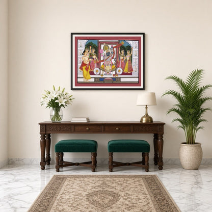 Experience the spiritual elegance of Shrinathji with this exquisite Pichwai artwork. Depicting the for Entrance