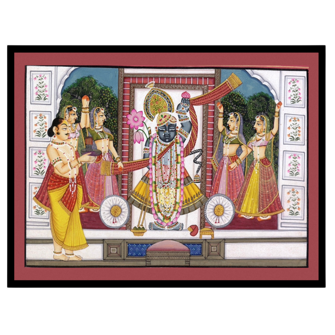 Experience the spiritual elegance of Shrinathji with this exquisite Pichwai artwork. Depicting the for house
