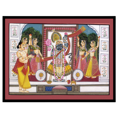 Experience the spiritual elegance of Shrinathji with this exquisite Pichwai artwork. Depicting the for house