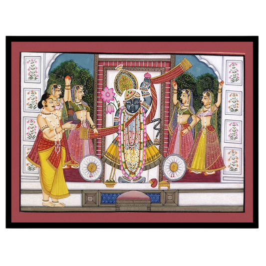 Experience the spiritual elegance of Shrinathji with this exquisite Pichwai artwork. Depicting the for house