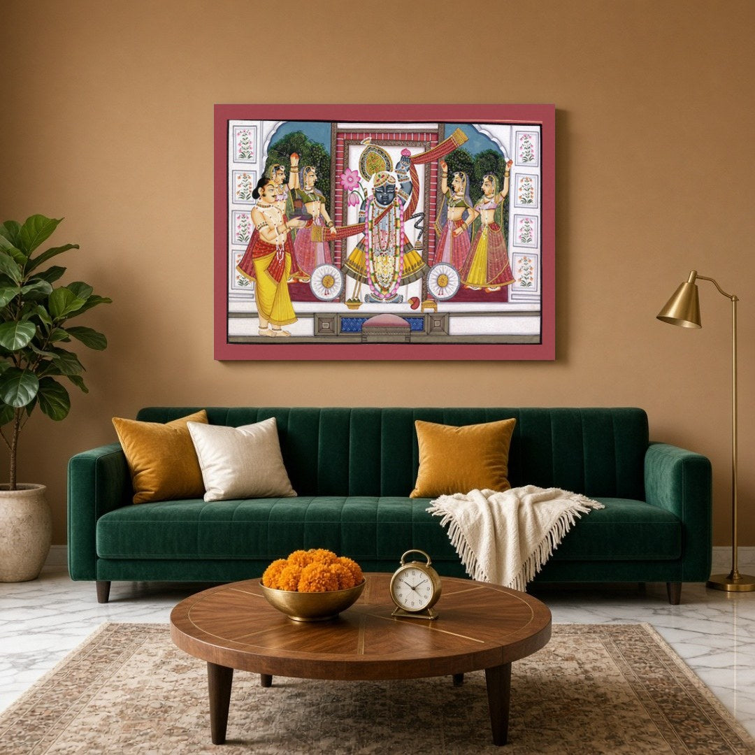 Experience the spiritual elegance of Shrinathji with this exquisite Pichwai artwork. Depicting the for Living Room