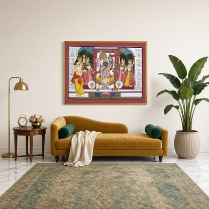 Experience the spiritual elegance of Shrinathji with this exquisite Pichwai artwork. Depicting the for Sitting Lounge