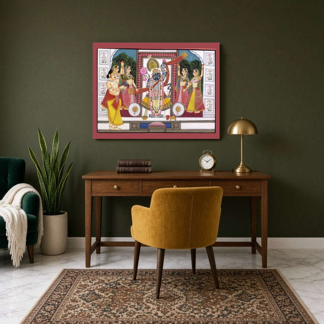 Experience the spiritual elegance of Shrinathji with this exquisite Pichwai artwork. Depicting the for Study