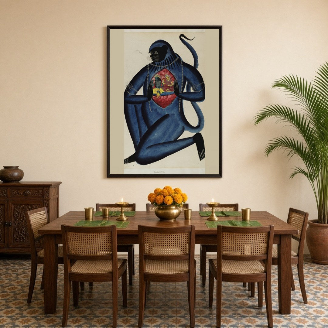 Immerse in the spiritual essence of this exquisite Kalighat artwork depicting Lord Hanuman for Dining