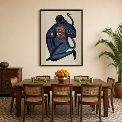 Immerse in the spiritual essence of this exquisite Kalighat artwork depicting Lord Hanuman for Dining