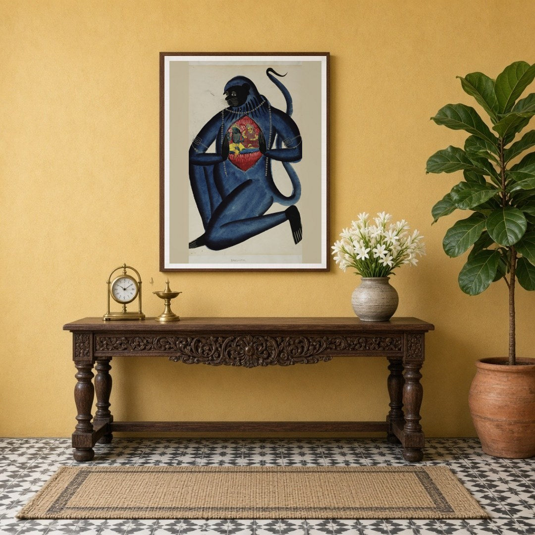 Immerse in the spiritual essence of this exquisite Kalighat artwork depicting Lord Hanuman for Entrance