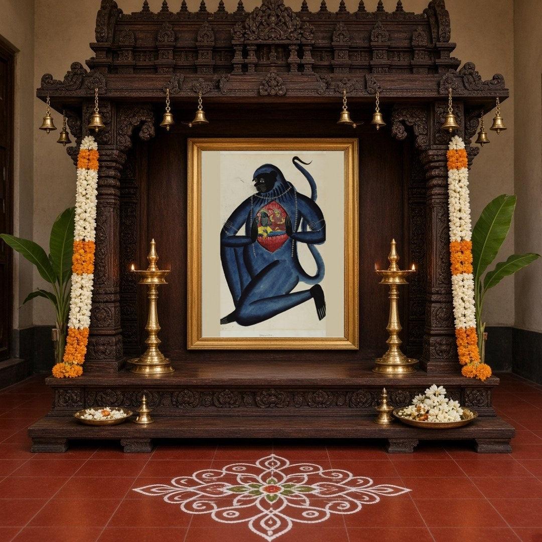 Immerse in the spiritual essence of this exquisite Kalighat artwork depicting Lord Hanuman for Home Temple