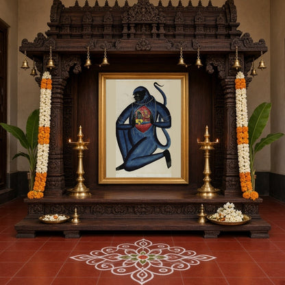 Immerse in the spiritual essence of this exquisite Kalighat artwork depicting Lord Hanuman for Home Temple