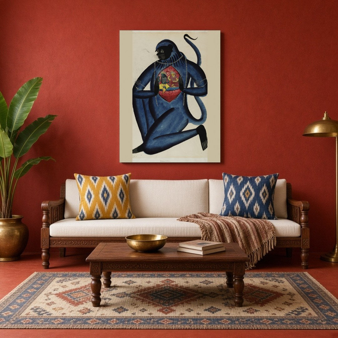 Immerse in the spiritual essence of this exquisite Kalighat artwork depicting Lord Hanuman for Living Room