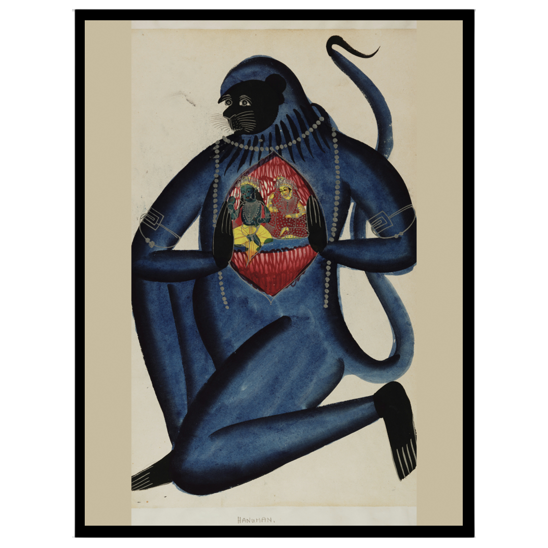 Immerse in the spiritual essence of this exquisite Kalighat artwork depicting Lord Hanuman for nook