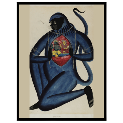 Immerse in the spiritual essence of this exquisite Kalighat artwork depicting Lord Hanuman for nook