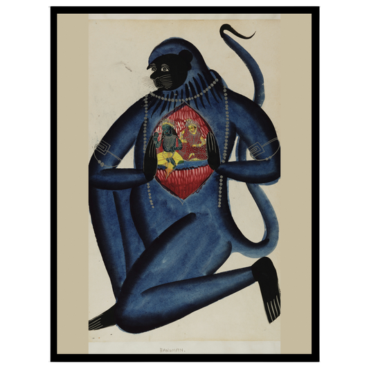 Immerse in the spiritual essence of this exquisite Kalighat artwork depicting Lord Hanuman for nook