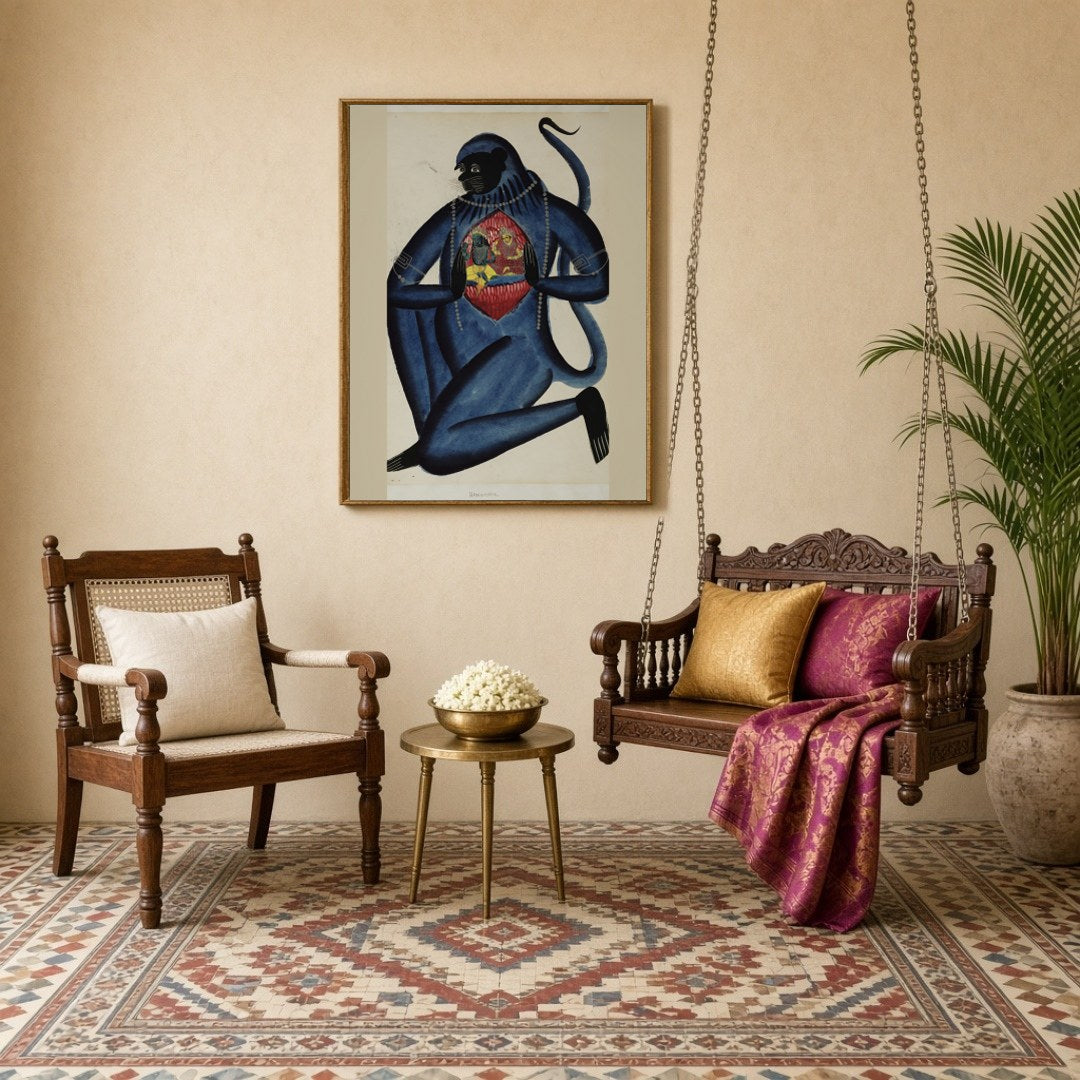 Immerse in the spiritual essence of this exquisite Kalighat artwork depicting Lord Hanuman for Sitting Lounge