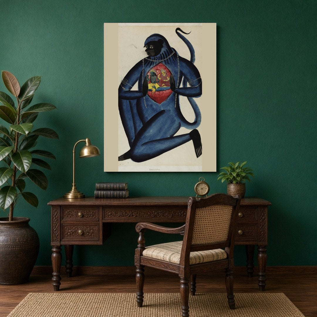 Immerse in the spiritual essence of this exquisite Kalighat artwork depicting Lord Hanuman for Study