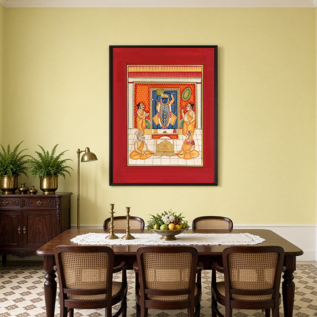 Immerse yourself in the spiritual glow of Krishna's divinity, beautifully captured in this vibrant for Dining