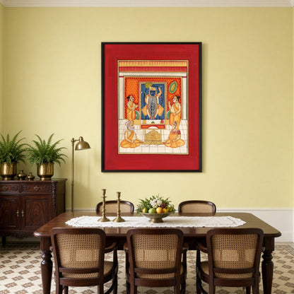 Immerse yourself in the spiritual glow of Krishna's divinity, beautifully captured in this vibrant for Dining