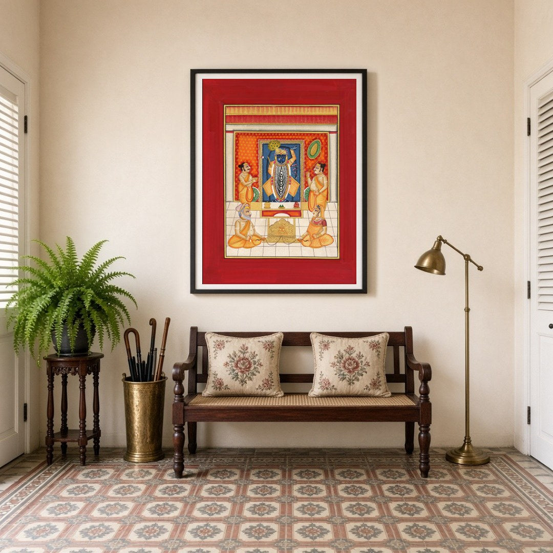 Immerse yourself in the spiritual glow of Krishna's divinity, beautifully captured in this vibrant for Entrance