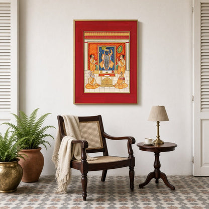 Immerse yourself in the spiritual glow of Krishna's divinity, beautifully captured in this vibrant for Sitting Lounge