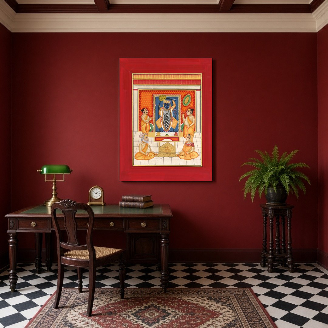 Immerse yourself in the spiritual glow of Krishna's divinity, beautifully captured in this vibrant for Study