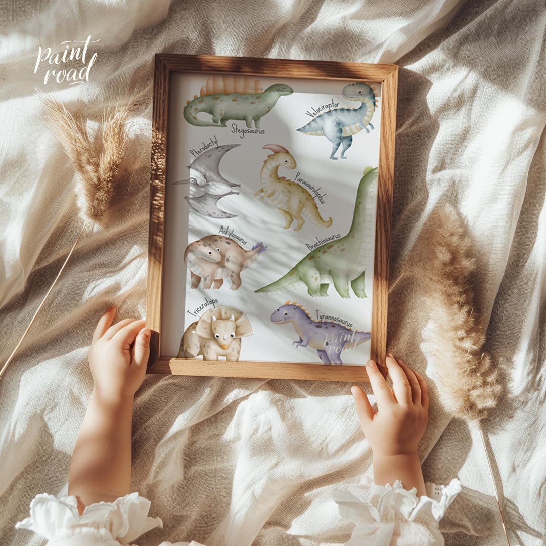 This playful and educational poster showcases eight adorable dinosaurs—Stegosaurus, Velociraptor, P… for bedroom