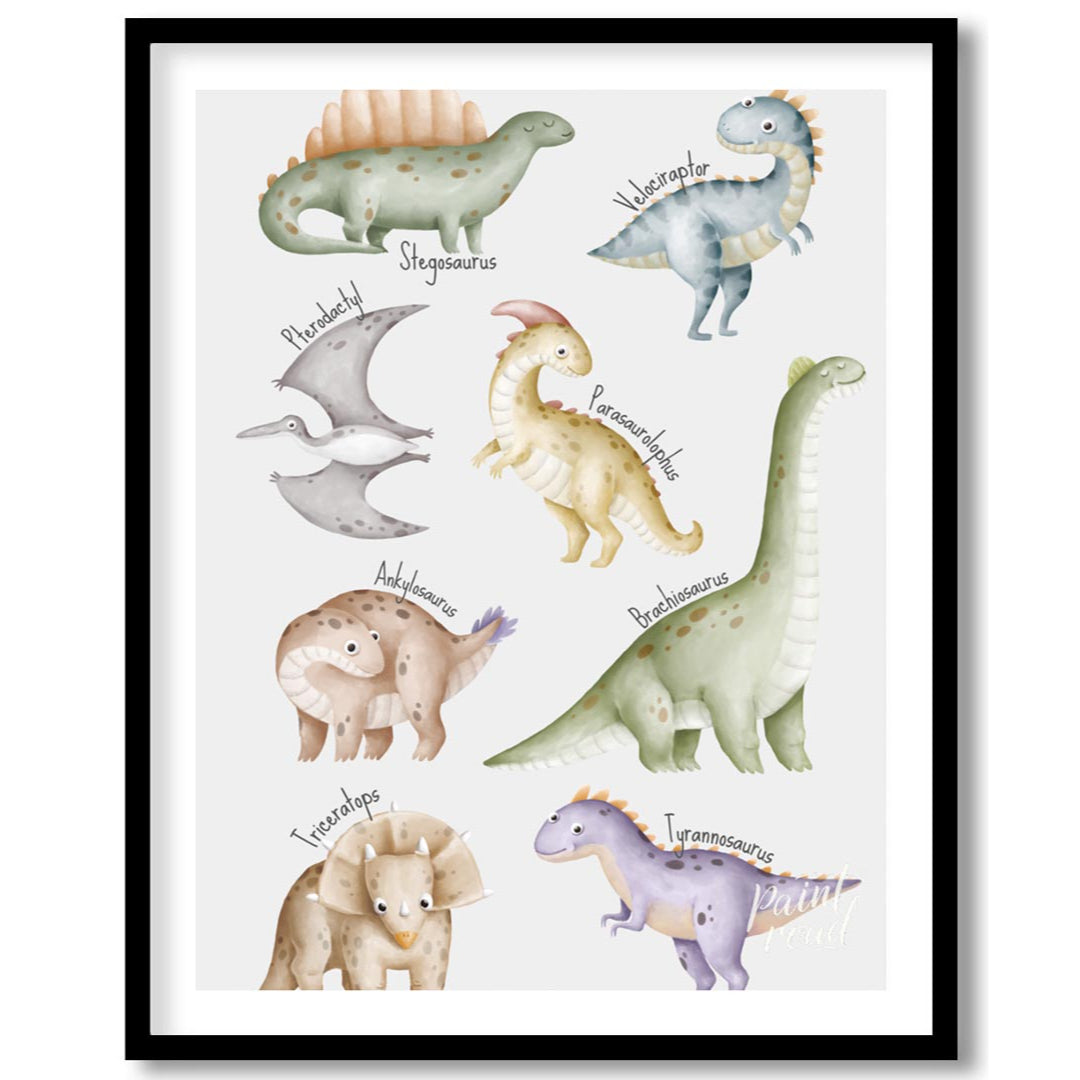 This playful and educational poster showcases eight adorable dinosaurs—Stegosaurus, Velociraptor, P… for home