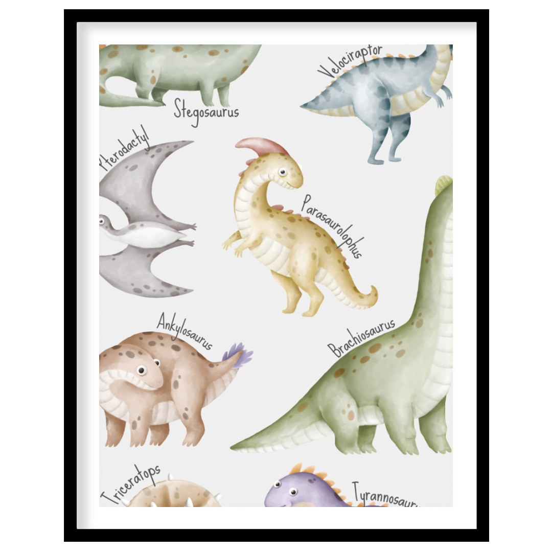 This playful and educational poster showcases eight adorable dinosaurs—Stegosaurus, Velociraptor, P… for home