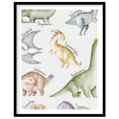 This playful and educational poster showcases eight adorable dinosaurs—Stegosaurus, Velociraptor, P… for home