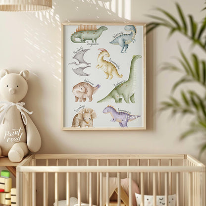 This playful and educational poster showcases eight adorable dinosaurs—Stegosaurus, Velociraptor, P… for nursery