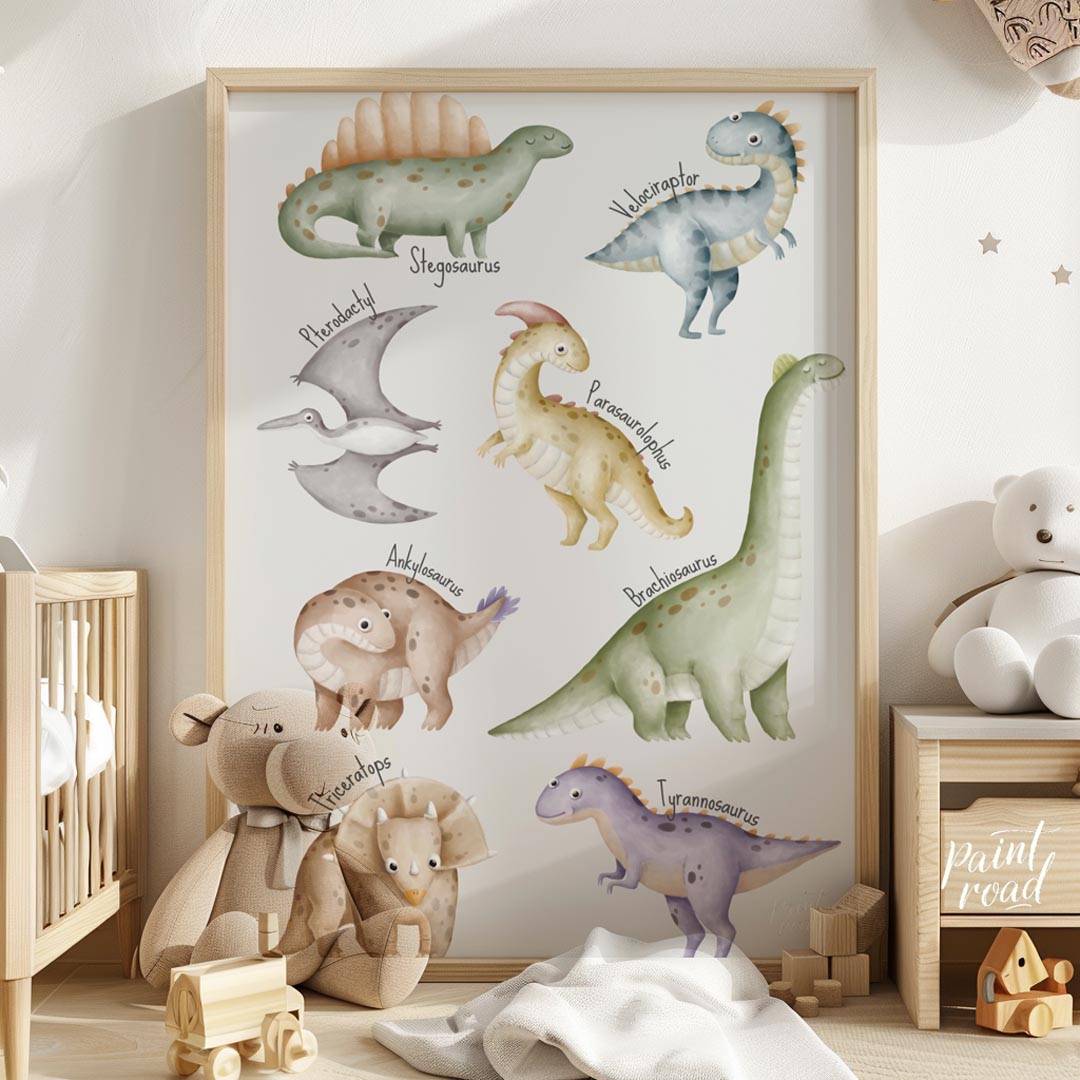 This playful and educational poster showcases eight adorable dinosaurs—Stegosaurus, Velociraptor, P… for nursery