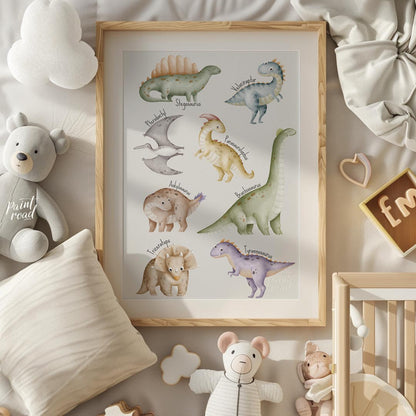 This playful and educational poster showcases eight adorable dinosaurs—Stegosaurus, Velociraptor, P… for nursery