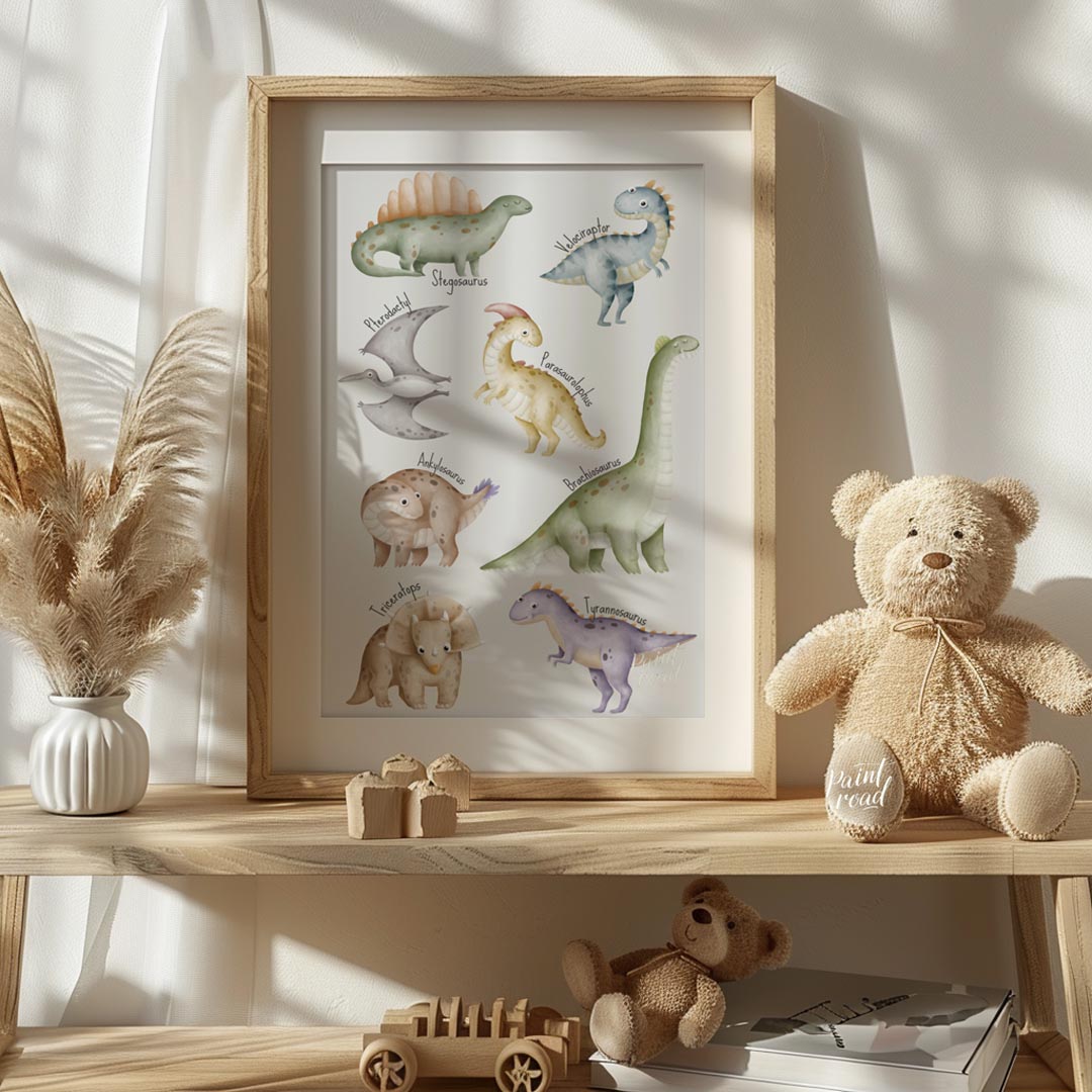 This playful and educational poster showcases eight adorable dinosaurs—Stegosaurus, Velociraptor, P… for nursery