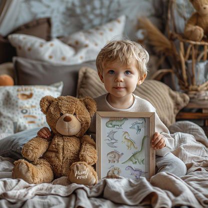 This playful and educational poster showcases eight adorable dinosaurs—Stegosaurus, Velociraptor, P… for nursery