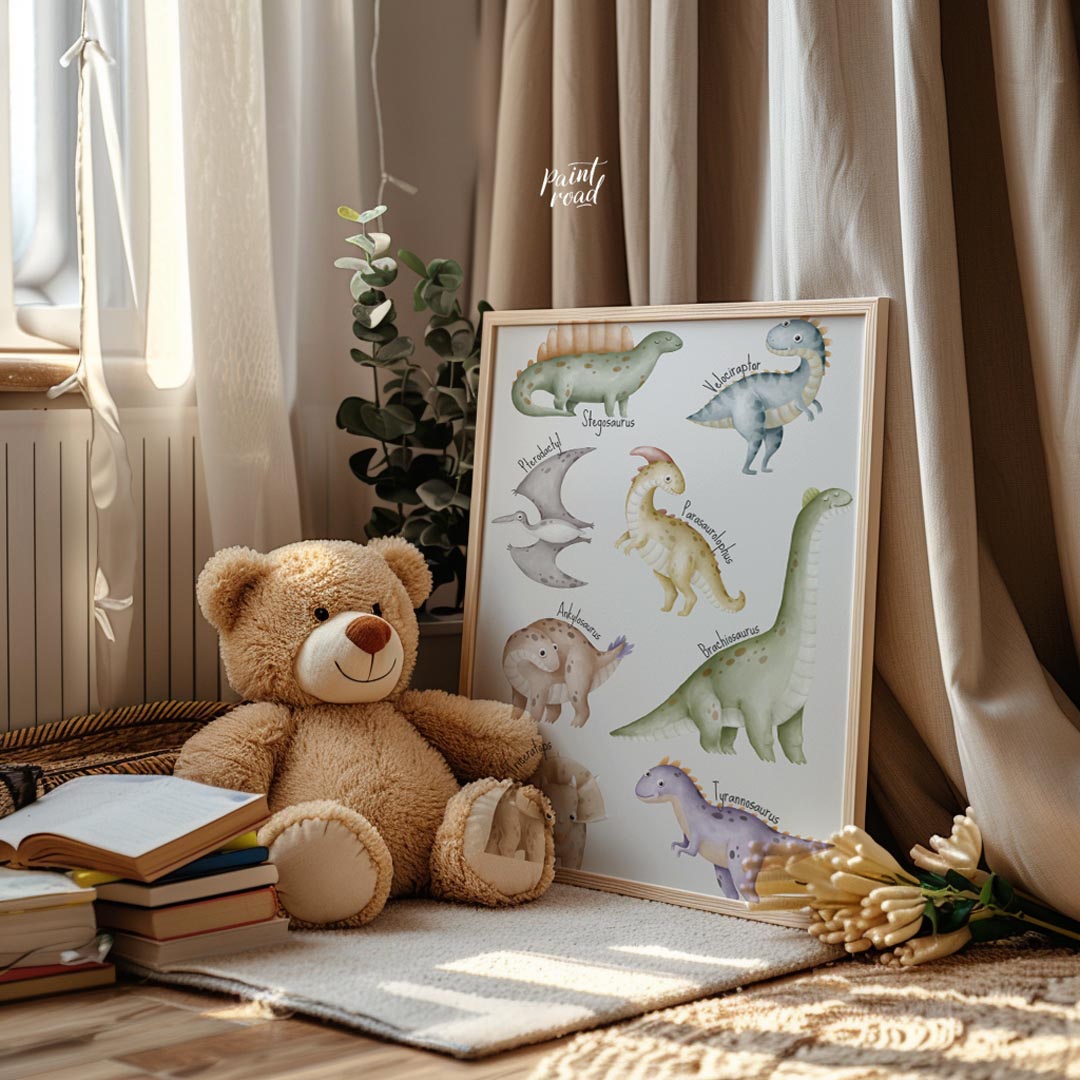 This playful and educational poster showcases eight adorable dinosaurs—Stegosaurus, Velociraptor, P… for nursery