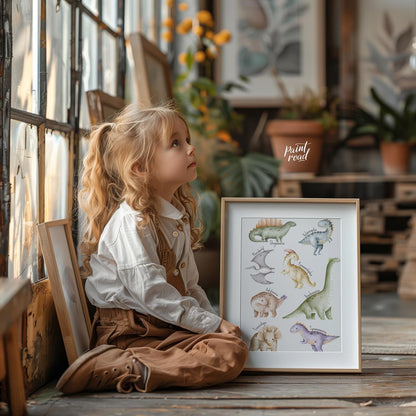 This playful and educational poster showcases eight adorable dinosaurs—Stegosaurus, Velociraptor, P… for other