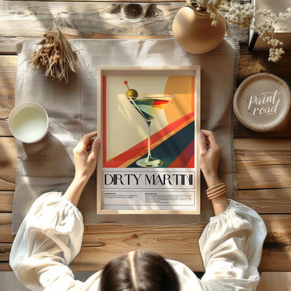 This artistic poster features a stylized representation of a Dirty Martini cocktail, presented in a… for dining room