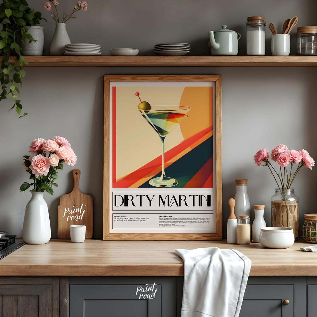This artistic poster features a stylized representation of a Dirty Martini cocktail, presented in a… for kitchen