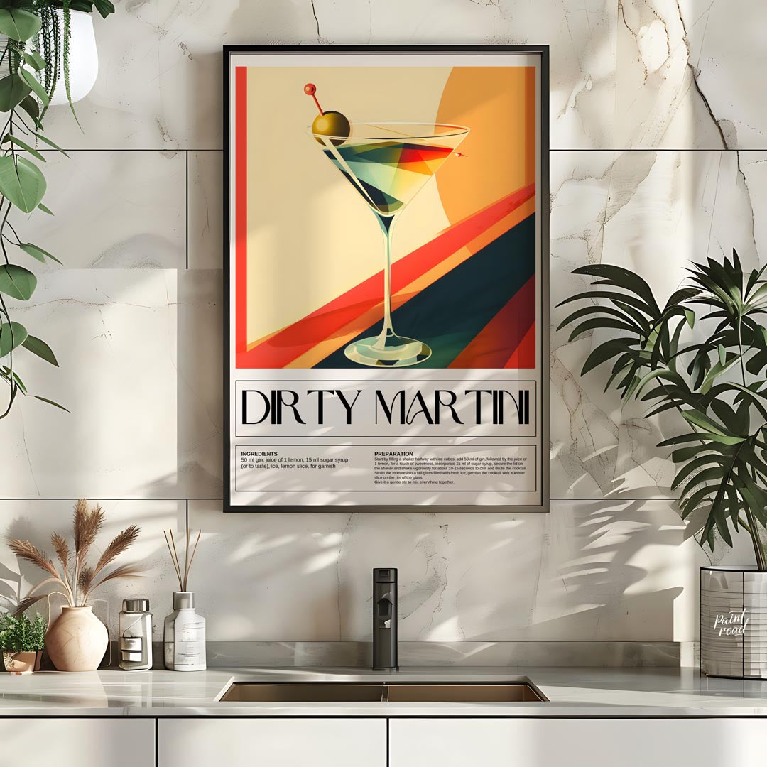 This artistic poster features a stylized representation of a Dirty Martini cocktail, presented in a… for kitchen
