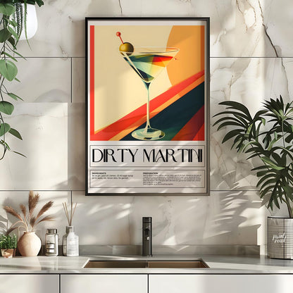 This artistic poster features a stylized representation of a Dirty Martini cocktail, presented in a… for kitchen