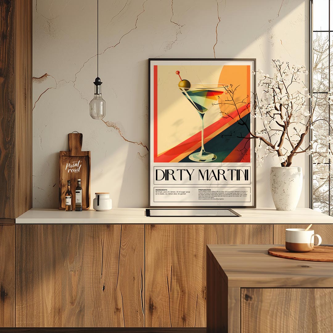 This artistic poster features a stylized representation of a Dirty Martini cocktail, presented in a… for kitchen