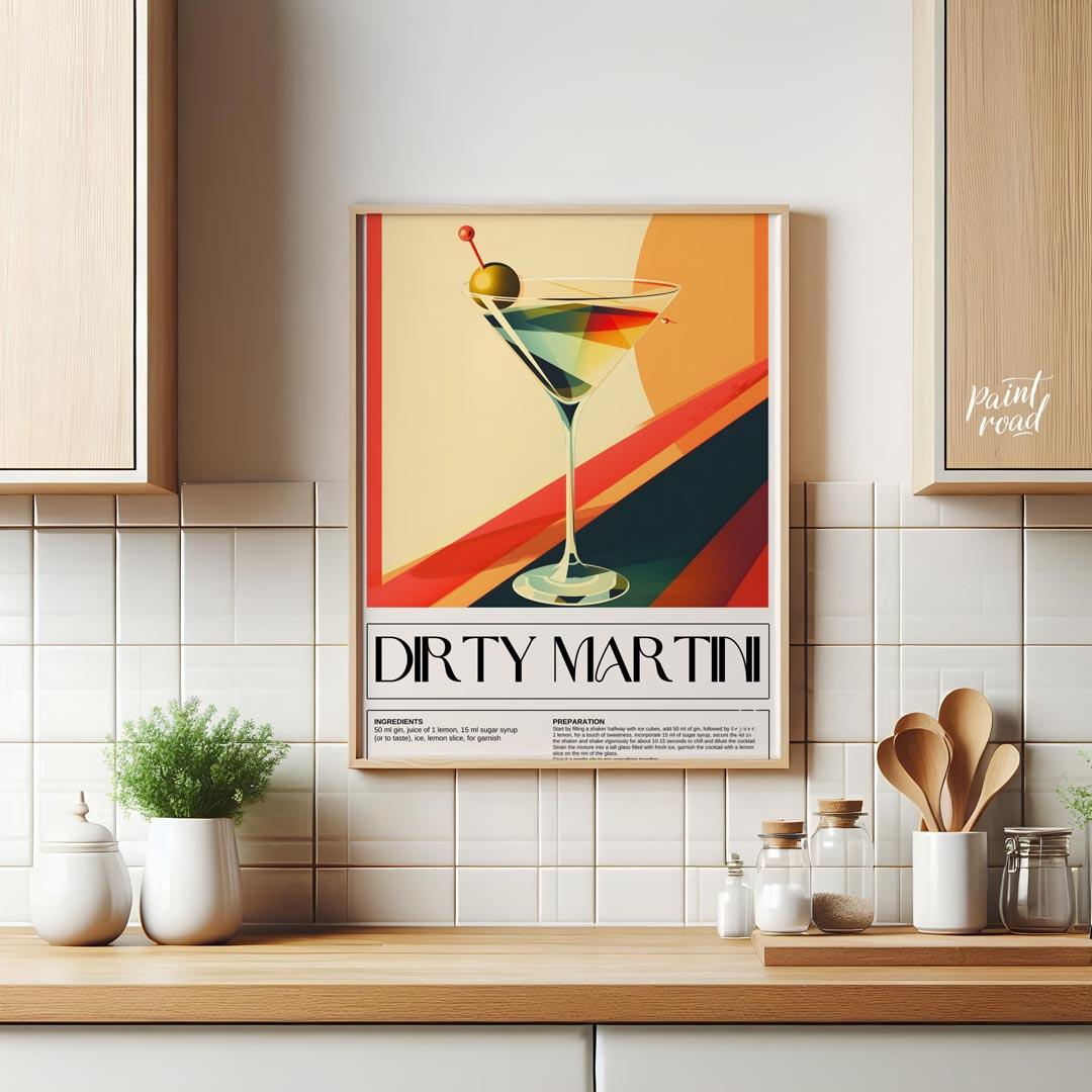 This artistic poster features a stylized representation of a Dirty Martini cocktail, presented in a… for kitchen