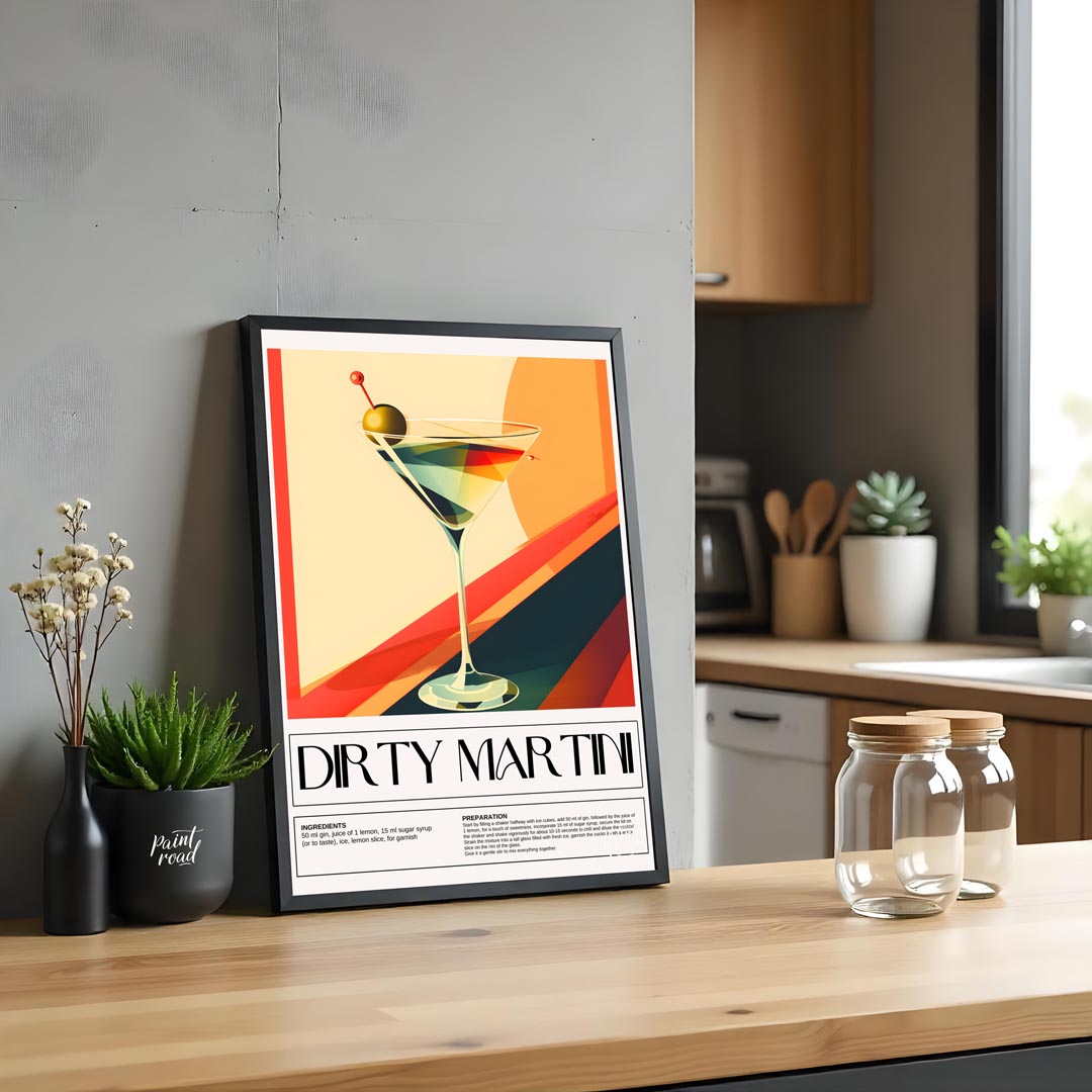 This artistic poster features a stylized representation of a Dirty Martini cocktail, presented in a… for kitchen