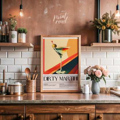 This artistic poster features a stylized representation of a Dirty Martini cocktail, presented in a… for kitchen