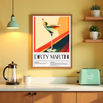 This artistic poster features a stylized representation of a Dirty Martini cocktail, presented in a… for kitchen