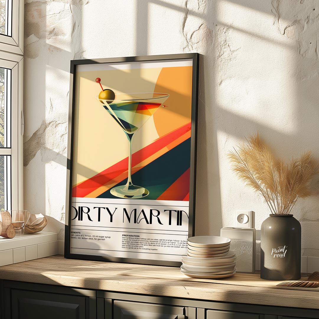 This artistic poster features a stylized representation of a Dirty Martini cocktail, presented in a… for kitchen