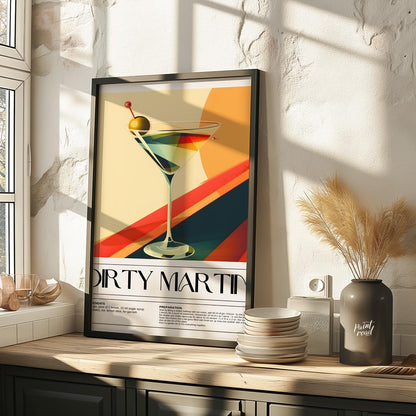 This artistic poster features a stylized representation of a Dirty Martini cocktail, presented in a… for kitchen