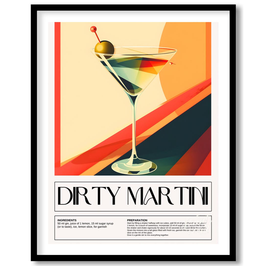 This artistic poster features a stylized representation of a Dirty Martini cocktail, presented in a… for room