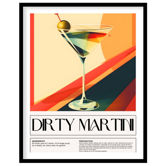 This artistic poster features a stylized representation of a Dirty Martini cocktail, presented in a… for room