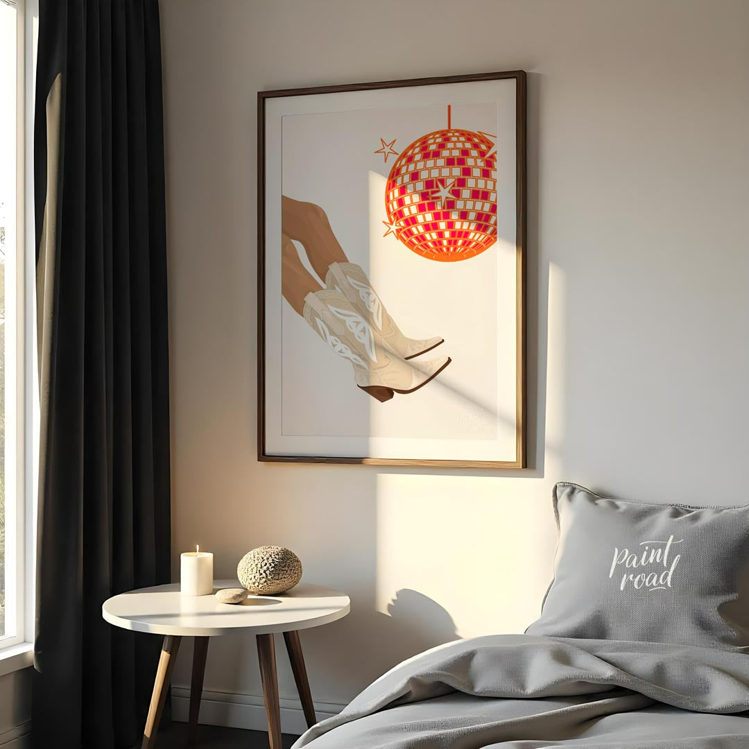 This fun and festive art print combines Western charm with a lively disco vibe. The main focus is a… for bedroom