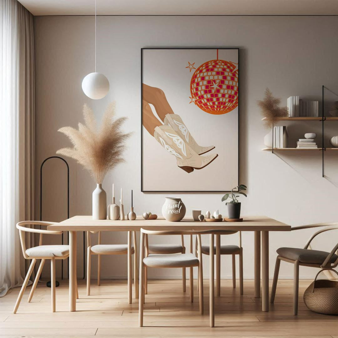 This fun and festive art print combines Western charm with a lively disco vibe. The main focus is a… for dining room